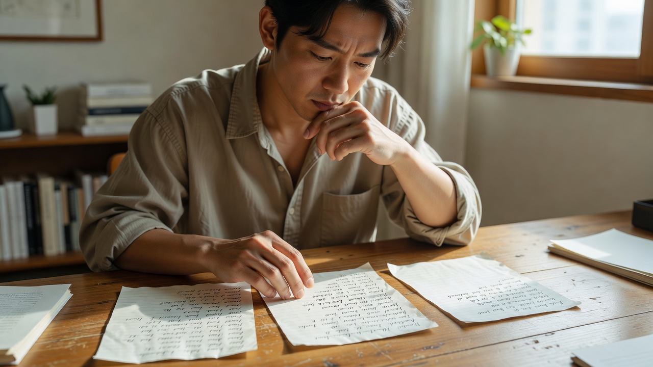 오늘의 명언을 고를 때 고려하는 3가지 기준을 생각하는 모습