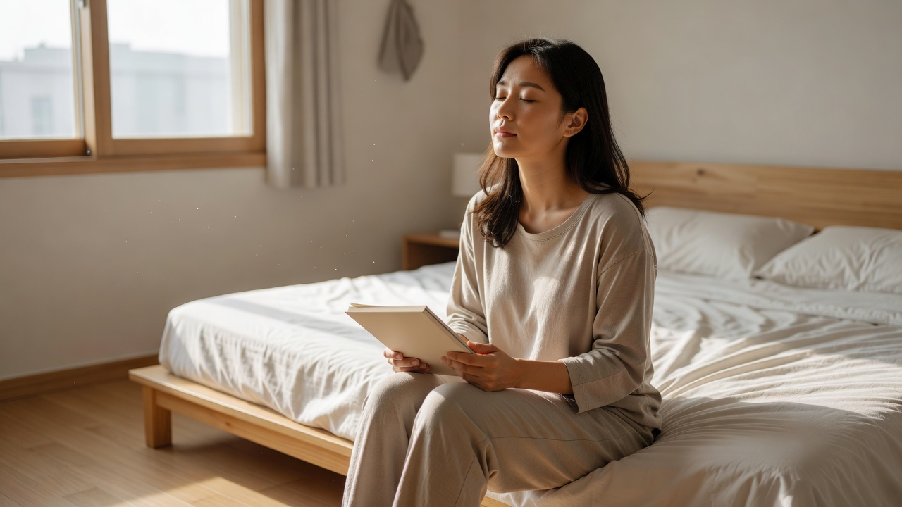 아침에 자기사랑 명언을 읽으며 평온한 마음을 다지는 모습